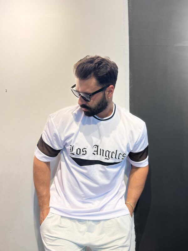 Los Angeles Delikli Kumaş Beyaz Oversize Tişört - Görsel 5