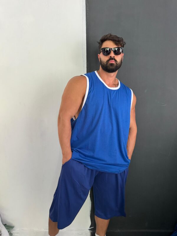 Battal Beden Sıfır Kol Mavi Baskısız Penye Tişört - Görsel 3