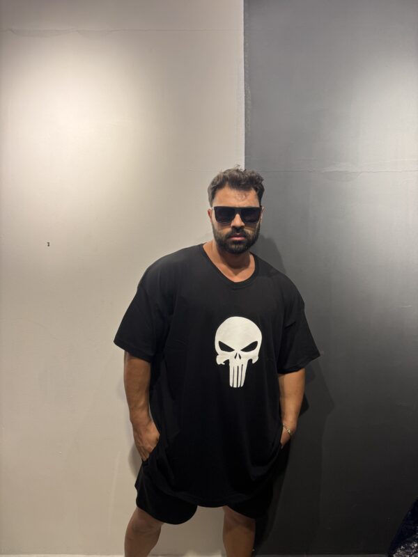 Battal Büyük Beden Siyah Punisher Baskılı Penye Tişört - Görsel 3