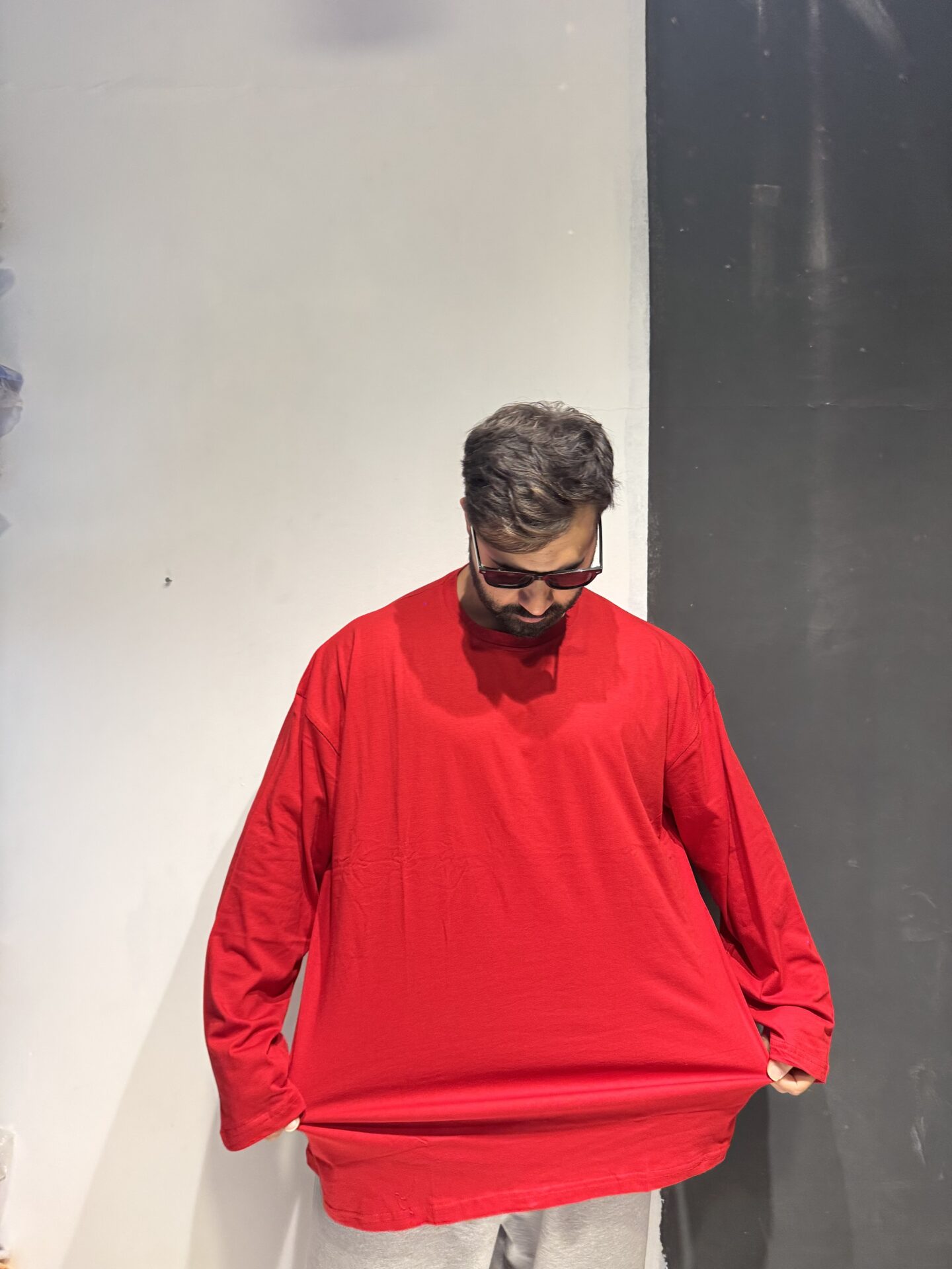 Uzun Kollu Battal Tişört Penye Kumaş Kırmızı - Görsel 4