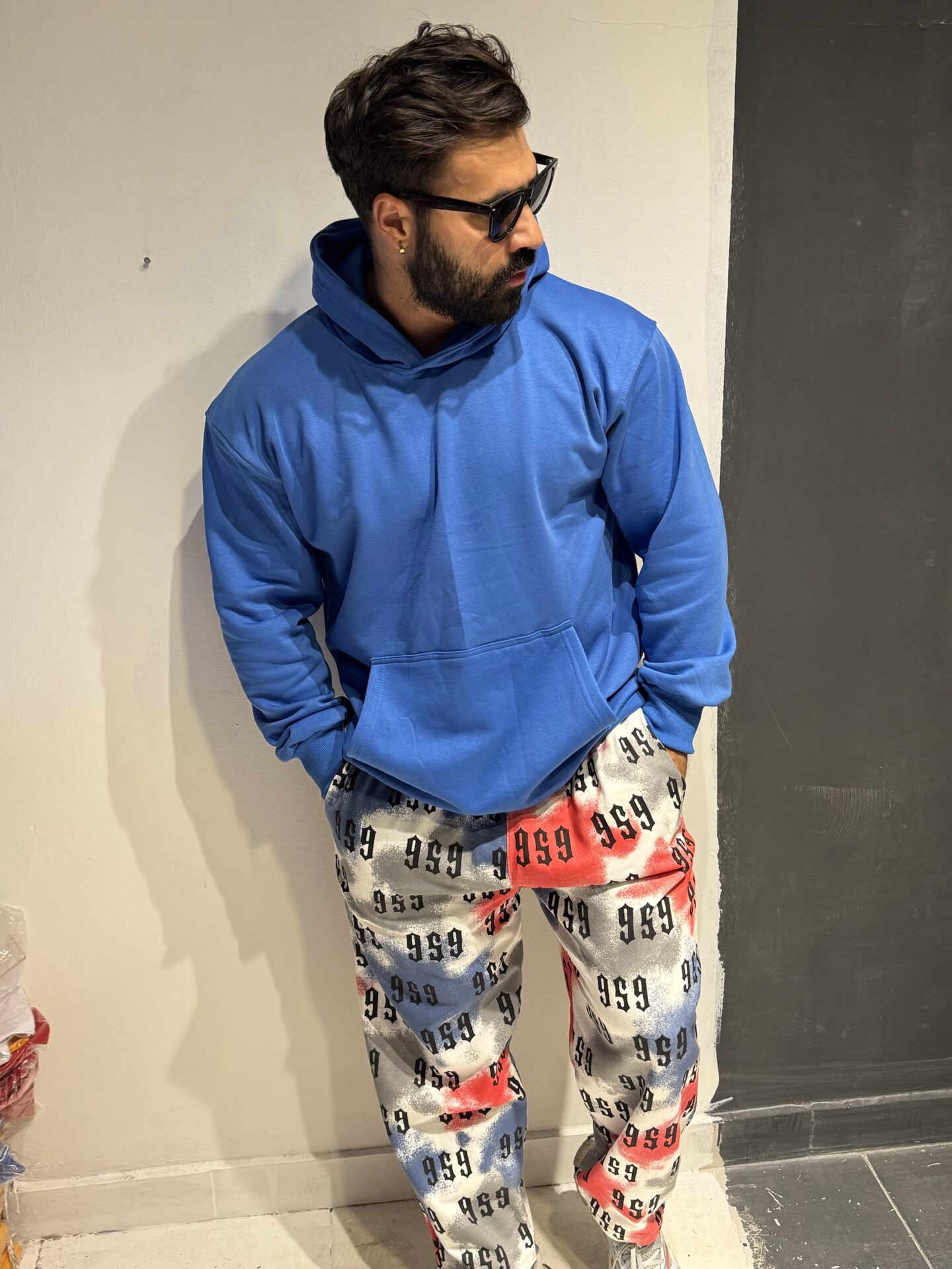 Mavi Kapşonlu Battal ve Normal Beden 3 İplik Şardonlu Baskısız - Görsel 4