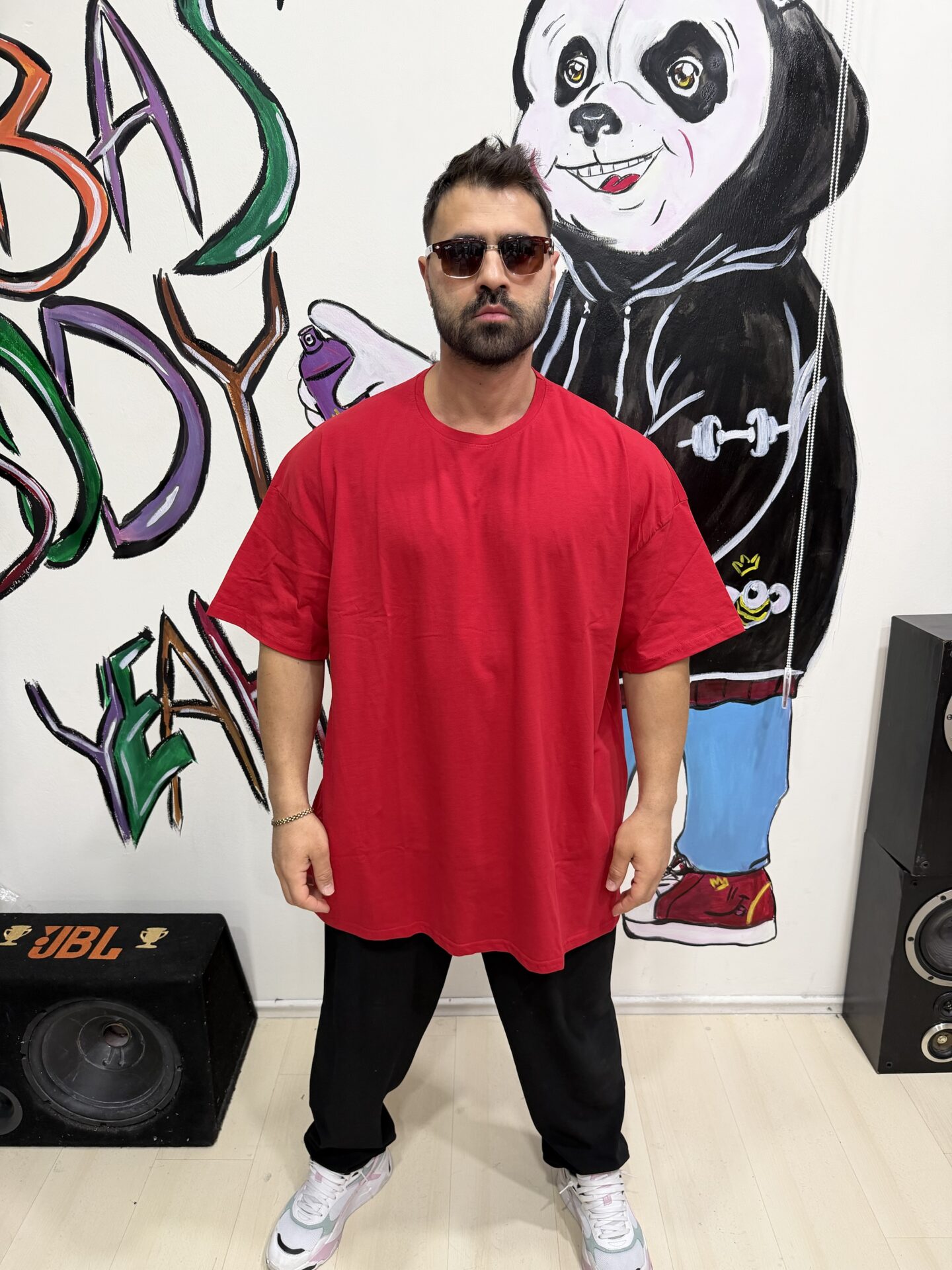 Battal Büyük Beden Kırmızı Baskısız Bisiklet Yaka Penye Oversize Kısa Kol Tişört - Görsel 3