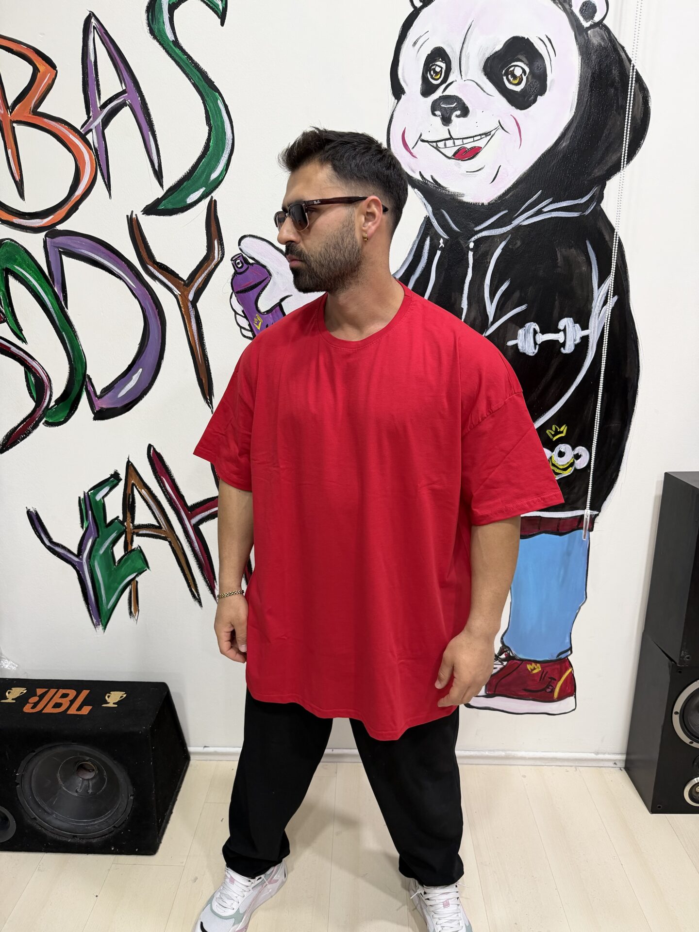 Battal Büyük Beden Kırmızı Baskısız Bisiklet Yaka Penye Oversize Kısa Kol Tişört - Görsel 6