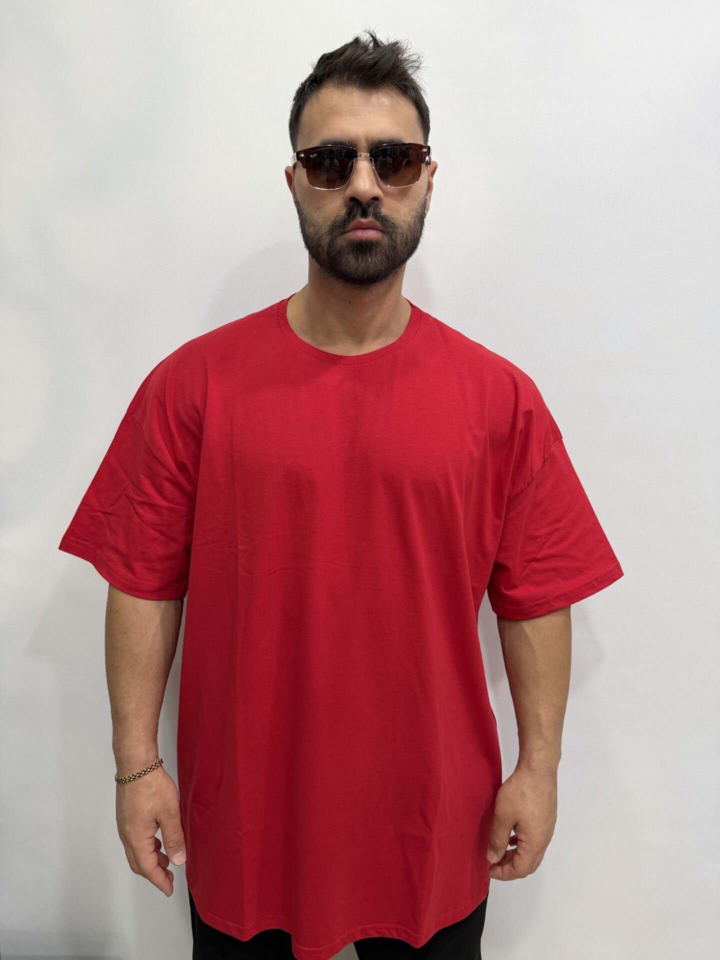 Battal Büyük Beden Kırmızı Baskısız Bisiklet Yaka Penye Oversize Kısa Kol Tişört - Görsel 4