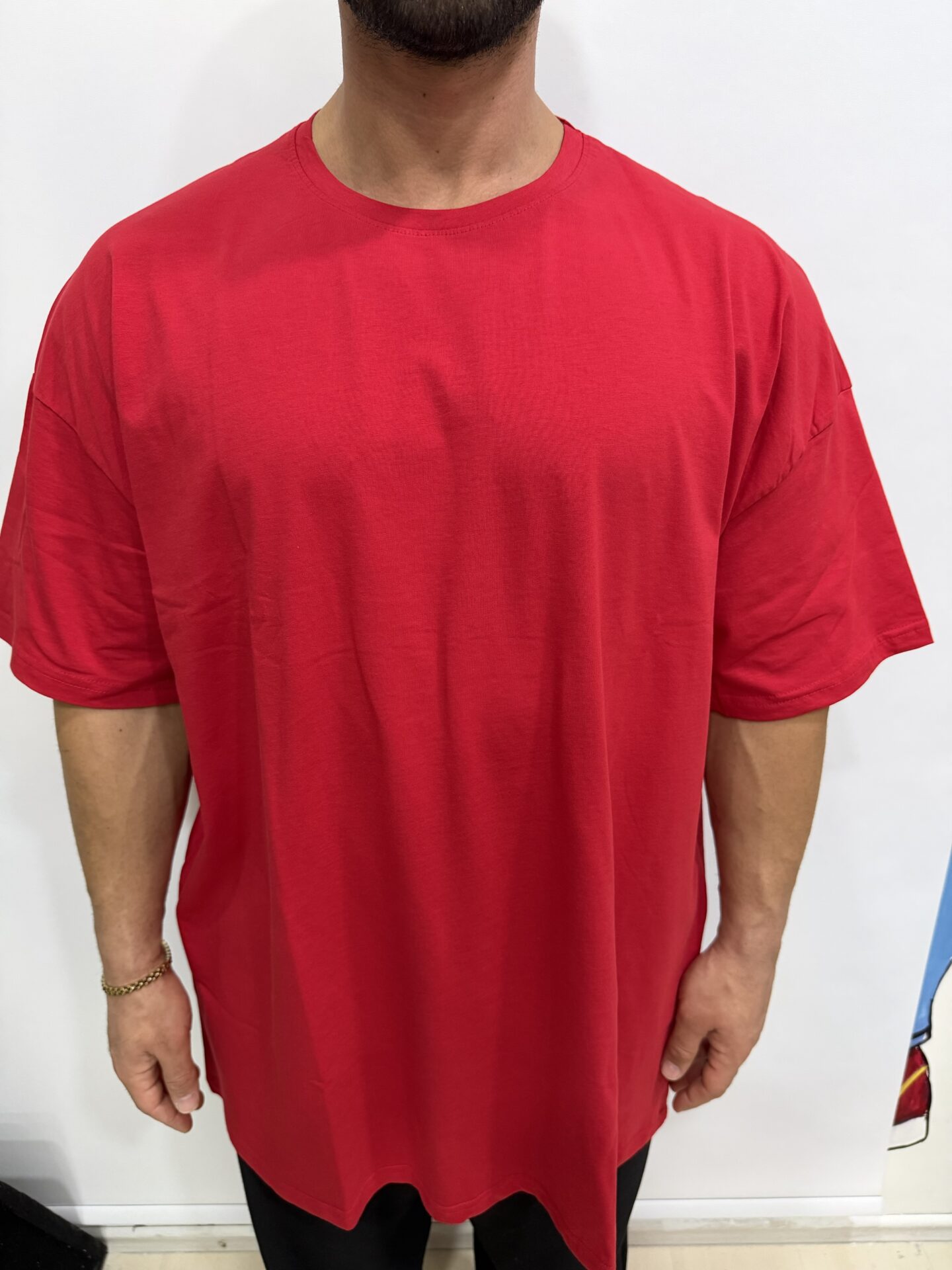 Battal Büyük Beden Kırmızı Baskısız Bisiklet Yaka Penye Oversize Kısa Kol Tişört - Görsel 5