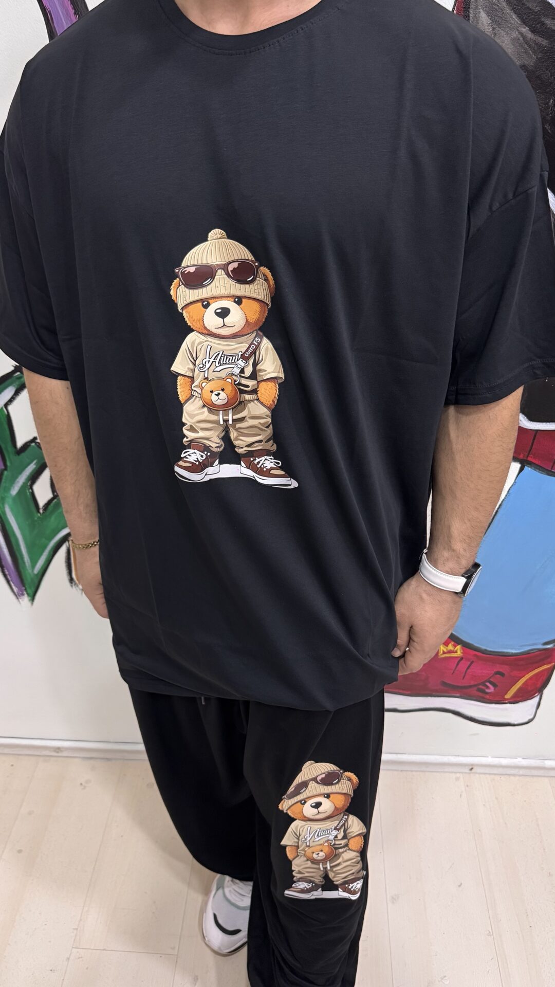 Ayıcık Desenli Siyah Battal Büyük Beden Bisiklet Yaka Tişört - Görsel 5