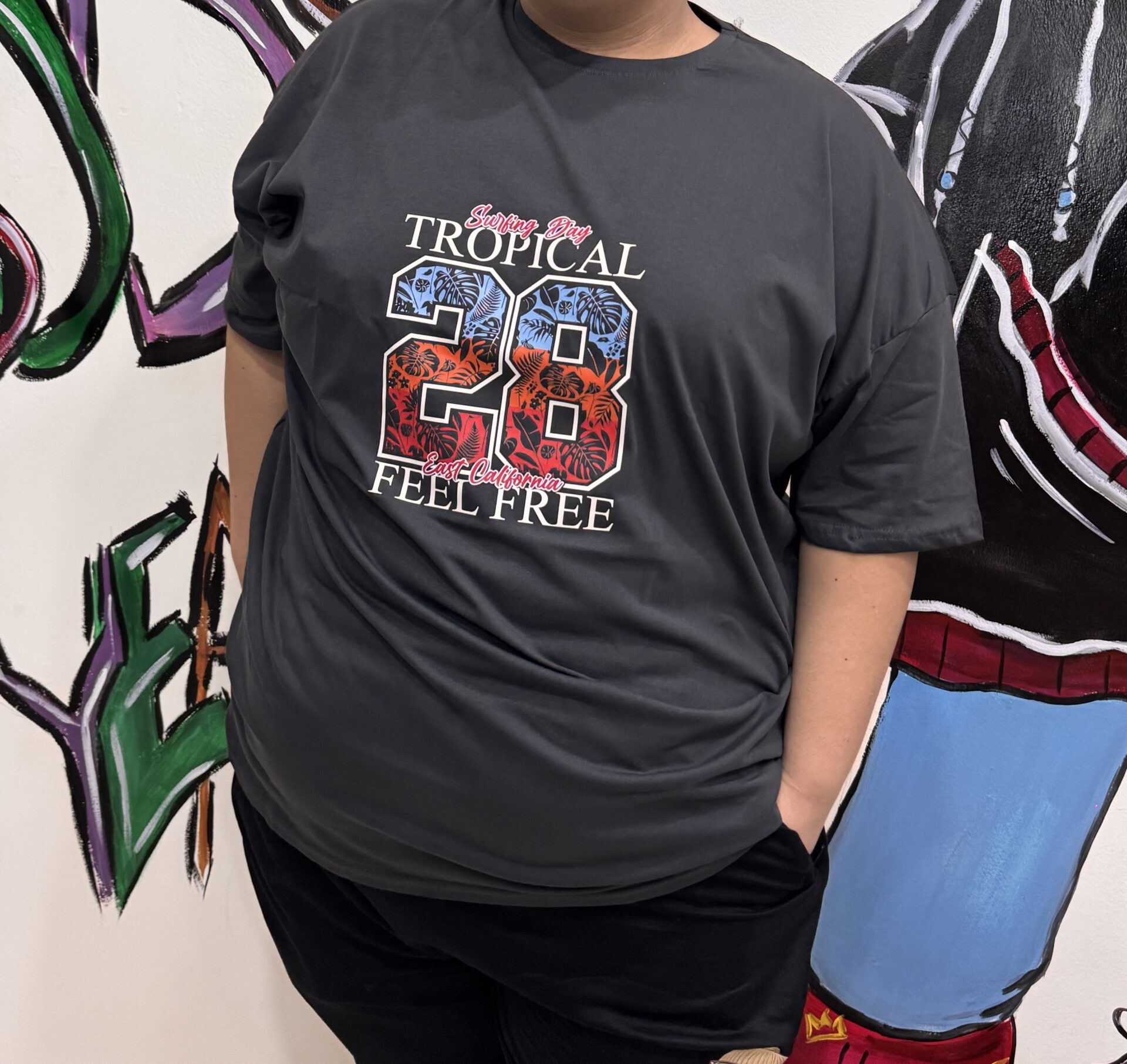 Tropical 28 Baskılı Füme Rengi Büyük Beden Bisiklet Yaka Oversize Tişört - Görsel 5