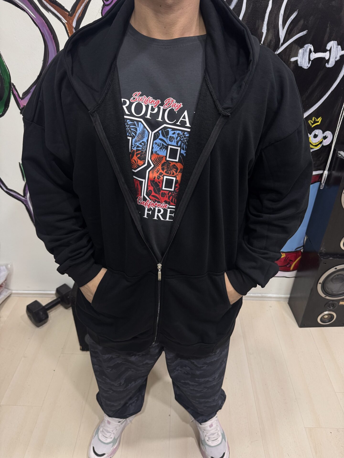 Tropical 28 Baskılı Füme Rengi Büyük Beden Bisiklet Yaka Oversize Tişört - Görsel 4