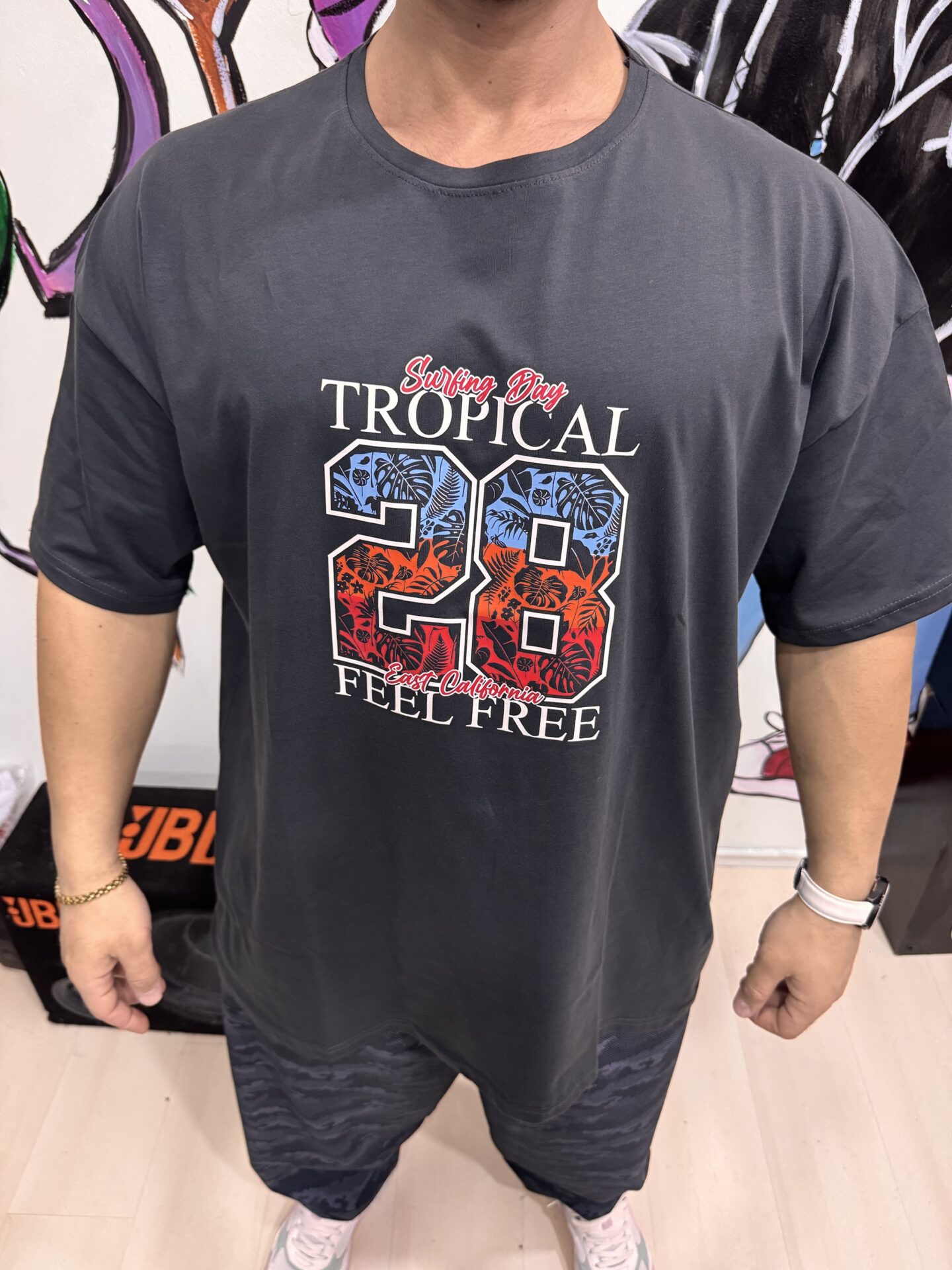 Tropical 28 Baskılı Füme Rengi Büyük Beden Bisiklet Yaka Oversize Tişört - Görsel 6