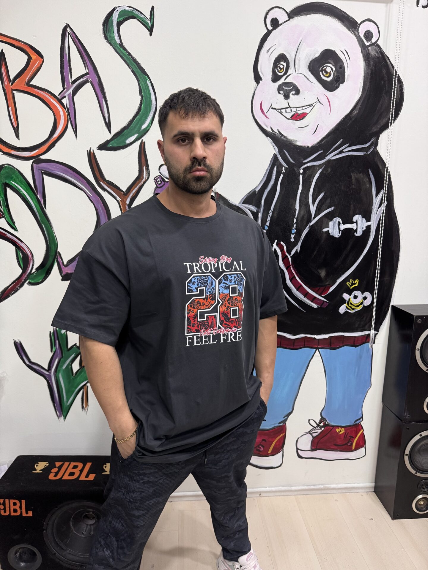 Tropical 28 Baskılı Füme Rengi Büyük Beden Bisiklet Yaka Oversize Tişört - Görsel 7