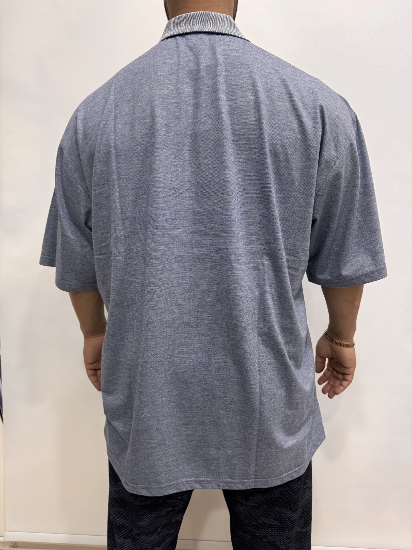 Büyük Beden Mavi Gri Kısa Kol Esnek Dokulu Bol Kesim Polo Yaka Tişört - Görsel 5