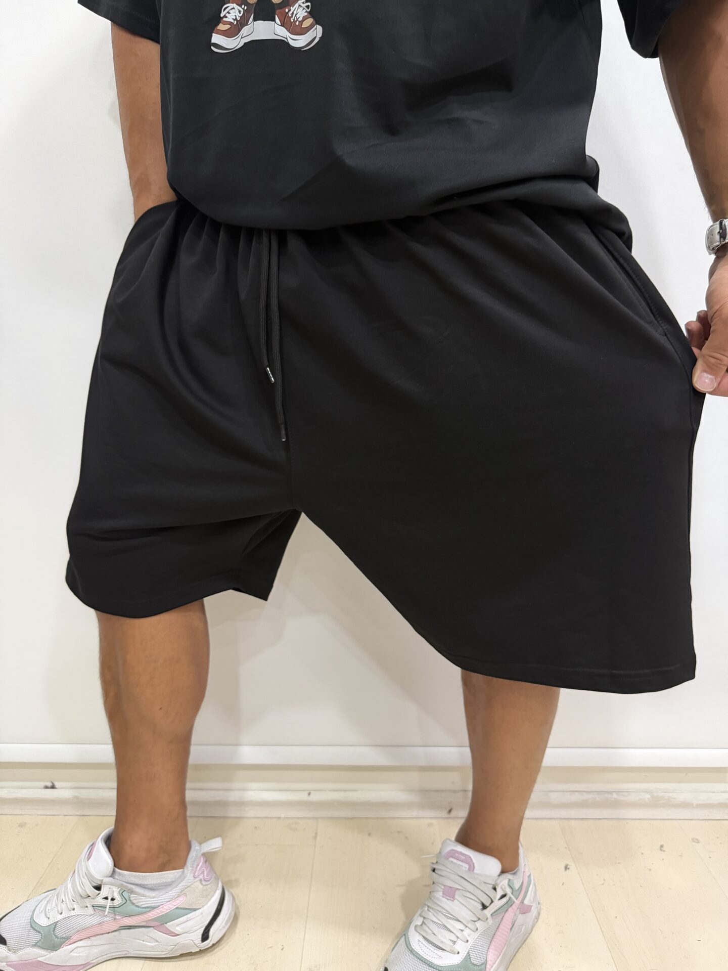 Siyah Düz Basic Penye %100 Pamuk Kapri Şort Büyük Beden Battal - Görsel 6