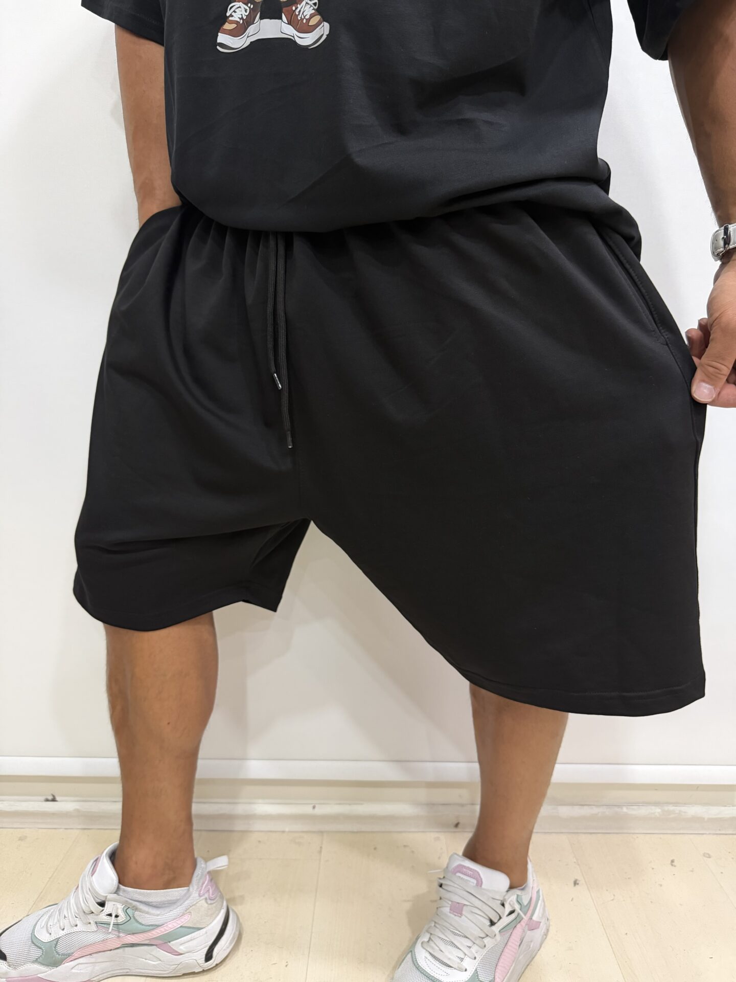 Siyah Düz Basic Penye %100 Pamuk Kapri Şort Büyük Beden Battal - Görsel 3