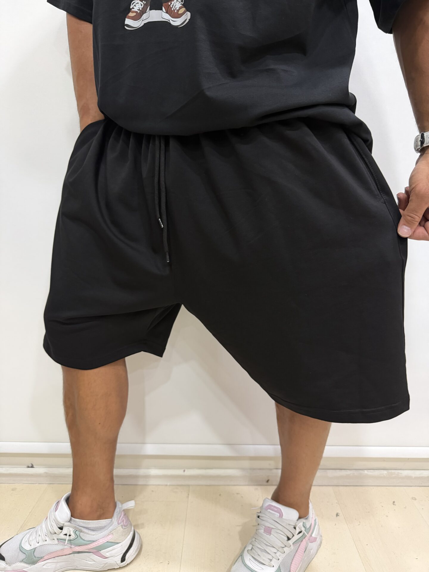 Siyah Düz Basic Penye %100 Pamuk Kapri Şort Büyük Beden Battal - Görsel 4