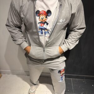 Beyaz Mickey Mouse Komple Yazlık Eşofman Fermuarlı Gri Takım Tişört Dahil Her Bedene Uygun